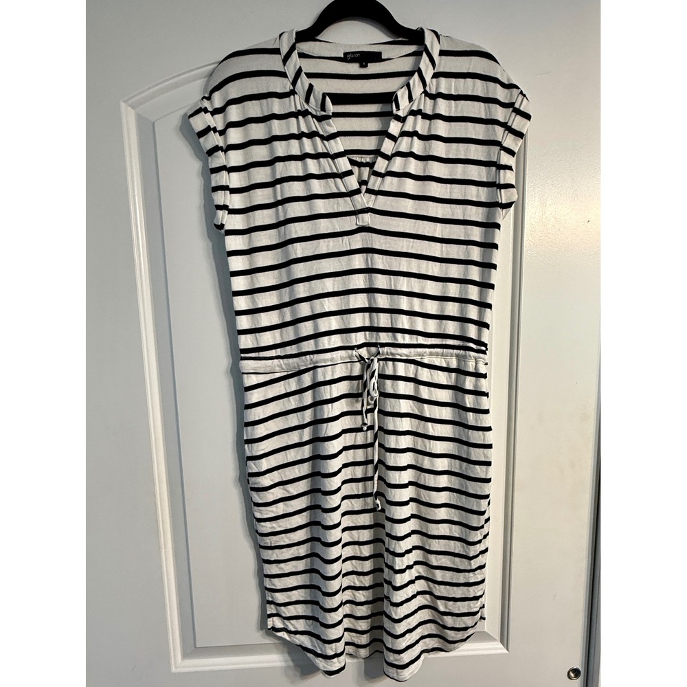 Gibson Striped Jersey Knit Dress Womens Small White Black Cap Sleeve